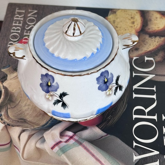 Vintage Sugar Bowl Lid Blue Stripe Floral Cottage Gold Whimsy - Picture 1 of 6
